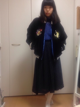 「白タイツ」｜「アイテム（スタジャン）」を使った、ゆぽさん（レディース・152cm）の秋コーディネート