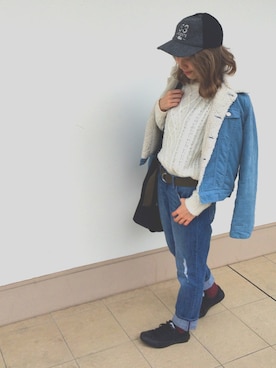 「LACOSTE（ラコステ）のアポロキャップ（キャップ、グレー系）」を使った、ソノさん（レディース・155cm）の春コーディネート