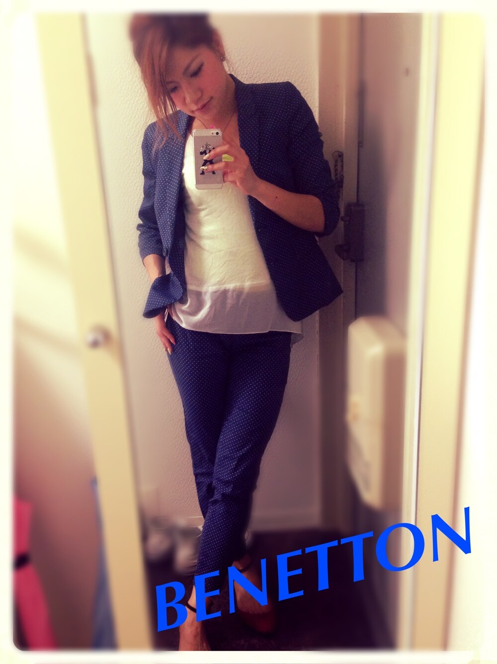 「#セットアップ」｜「BENETTON (UNITED COLORS OF BENETTON)の2SシフォンビスコースV袖無【トップス・ニット】（タンクトップ、ホワイト系）」を使った、lisaさん（レディース・160cm）の夏コーディネートの1枚目の写真