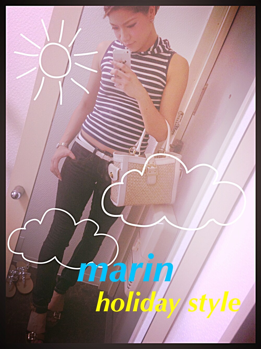 「＃ボーダー、＃デニム、＃休日スタイル、#ネイビー、#マリン、#WEARBOOKエントリー」｜「BURBERRYのノースリーブフード付きカットソー（Tシャツ/カットソー、ブルー系）」を使った、lisaさん（レディース・160cm）の夏コーディネートの1枚目の写真
