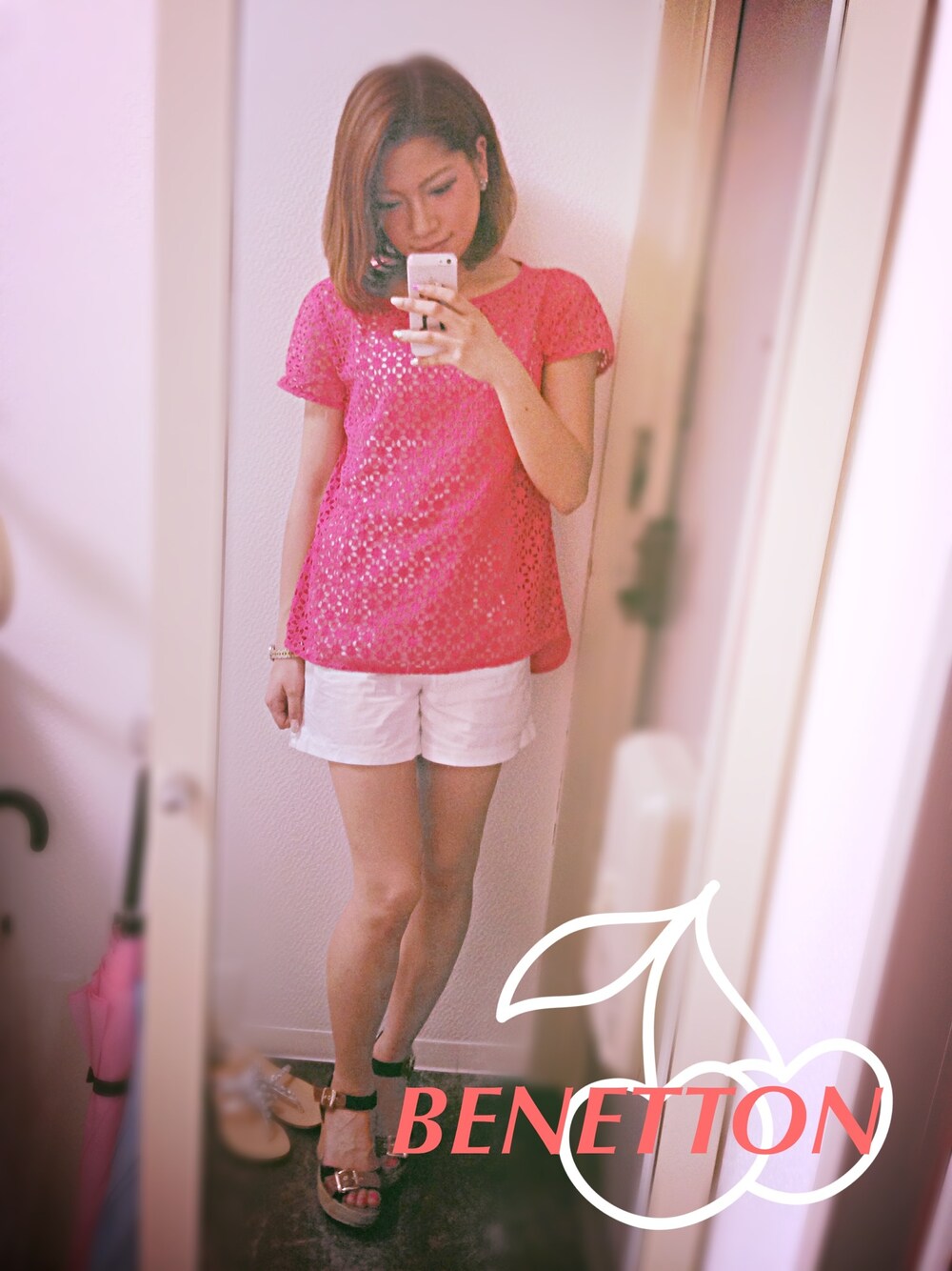 「#レース、#デート、#ピンク、#ショートパンツ、#WEARBOOKエントリー」｜「BENETTON (UNITED COLORS OF BENETTON)のL3タックショートPT【パンツ】（その他パンツ、ホワイト系）」を使った、lisaさん（レディース・160cm）の夏コーディネートの1枚目の写真