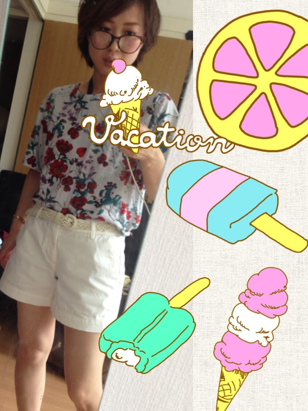 その他のTシャツ/カットソー、ホワイト系のその他パンツ、ブラウン系のメガネを着用したレディースの夏コーディネートの1枚目の写真