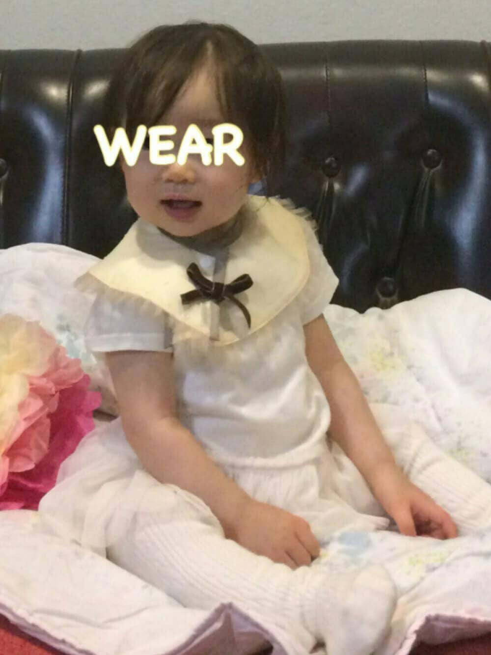 「誕生日、チュールスカート、ホワイトコーデ、くまさんタイツ、1歳、おんなのこ、babygap、マールマール、バレリーナ」｜「MARLMARLの【MARLMARL/マールマール】 dolce / スタイ （スタイ/よだれかけ、ピンク系）」を使った、さち*さん（キッズ・70cm）の秋コーディネートの1枚目の写真