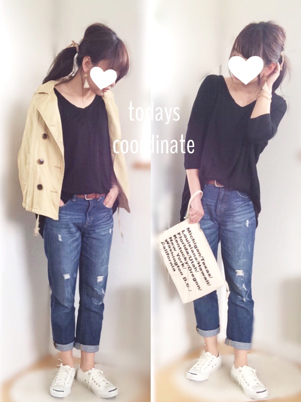 ブラック系のTシャツ/カットソー、ブルー系のデニムパンツ、ホワイト系のスニーカーを着用したレディースの春コーディネートの1枚目の写真