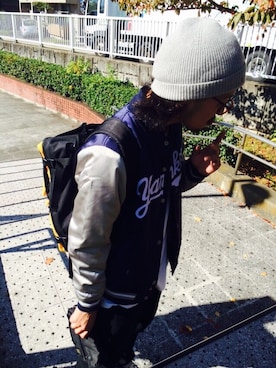 「Mitchell&Ness（ミッチェル&ネス）のアイテム（スタジャン）」を使った、MTK.motokiさん（メンズ・180cm）の冬コーディネート