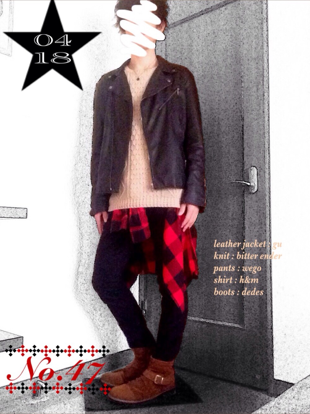 ブラック系のライダースジャケット、ホワイト系のニット/セーター、レッド系のシャツ/ブラウスを着用したメンズの春コーディネートの1枚目の写真