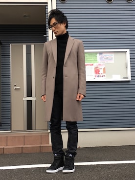 「エアジョーダン」｜「アイテム（チェスターコート）」を使った、まっつんさん（メンズ・172cm）の冬コーディネート