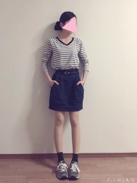 「Heather（ヘザー）の【期間限定プライス】ベルトツキデニムコクーンスカート　551898（デニムスカート、ブルー系）」を使った、tomoさん（レディース・157cm）の春コーディネート
