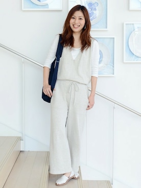 「アイテム（つなぎ/オールインワン、ベージュ系）」を使った、RISAKIさん（レディース・158cm）の春コーディネート