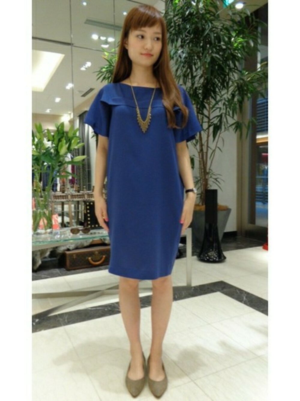 「FIGARO Parisのジョーゼットフカタックリラックスワンピース　＊（ワンピース、ブルー系）」を使った、yukiさん（レディース・163cm）の夏コーディネートの1枚目の写真