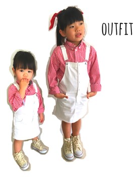 「H&M（エイチ・アンド・エム）のアイテム（サロペット/オーバーオール、ホワイト系）」を使った、meimerumiさん（キッズ・90cm）の春コーディネート