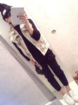 「ブラック×ホワイト」｜「アイテム（ニットキャップ/ビーニー）」を使った、SACHIさん（レディース・152cm）の秋コーディネート