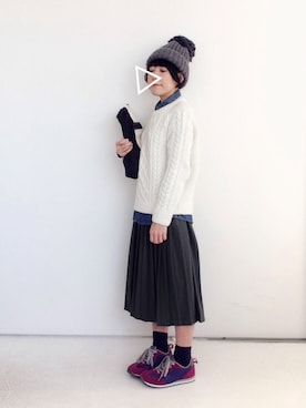 「ダンガリーシャツ」｜「アイテム（ニットキャップ/ビーニー）」を使った、SACHIさん（レディース・150cm）の秋コーディネート