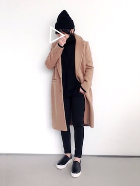 「黒タートルネック」｜「アイテム（帽子）」を使った、SACHIさん（レディース・150cm）の冬コーディネート