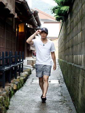 「CALEE（キャリー）のアイテム（キャップ）」を使った、YUSUKE333_SmokingABさん（メンズ・159cm）の夏コーディネート