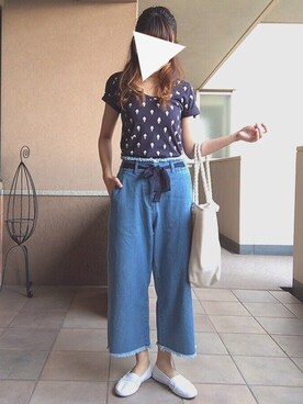 「ガウチョパンツ」｜「アイテム（デニムパンツ）」を使った、cha.aさん（レディース・157cm）の夏コーディネート