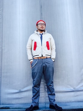 「メゾン キツネ(MAISON KITSUNE)」｜「アイテム（ブルゾン）」を使った、Takeuchi  Toshimichiさん（メンズ・178cm）の秋コーディネート