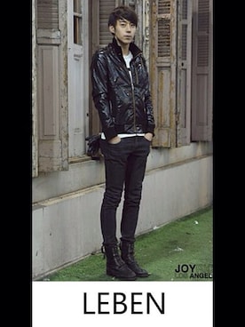 「model」｜「アイテム（ライダースジャケット）」を使った、lebenさん（メンズ・187cm）の冬コーディネート