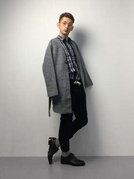 「DETAILS（ディテールズ）のアイテム（ノーカラージャケット）」を使った、原口 聖也さん（メンズ・180cm）の冬コーディネート