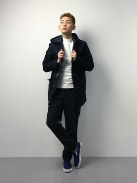 「HILFIGER DENIM（ヒルフィガーデニム）のアイテム（ダッフルコート）」を使った、原口 聖也さん（メンズ・180cm）の冬コーディネート