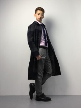 「Steven Alan（スティーブンアラン）のアイテム（ステンカラーコート）」を使った、原口 聖也さん（メンズ・180cm）の冬コーディネート