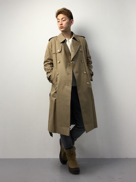 「green label relaxing（グリーンレーベルリラクシング）のアイテム（トレンチコート）」を使った、原口 聖也さん（メンズ・180cm）の冬コーディネート
