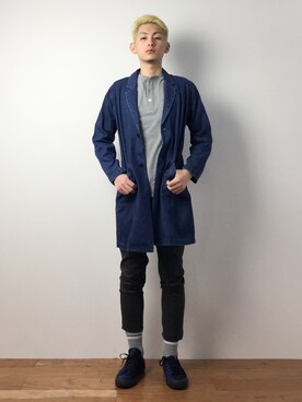 「WEGO（ウィゴー）のアイテム（ステンカラーコート）」を使った、原口 聖也さん（メンズ・180cm）の冬コーディネート