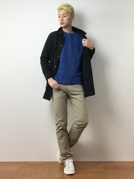 「UP START（アップスタート）のアイテム（ステンカラーコート）」を使った、原口 聖也さん（メンズ・180cm）の冬コーディネート