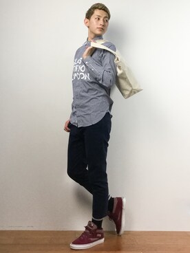 「Right-on（ライトオン）のアイテム（トートバッグ）」を使った、原口 聖也さん（メンズ・180cm）の春コーディネート