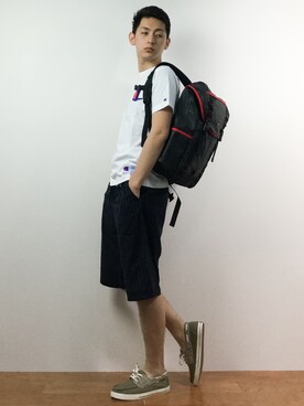 「※ALPHA（アルファ）のアイテム（バックパック/リュック）」を使った、原口 聖也さん（メンズ・180cm）の春コーディネート