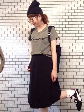 「ひざ丈スカート」｜「アイテム（ニットキャップ/ビーニー）」を使った、Kyu◡̈⃝⋆*さん（レディース・165cm）の夏コーディネート