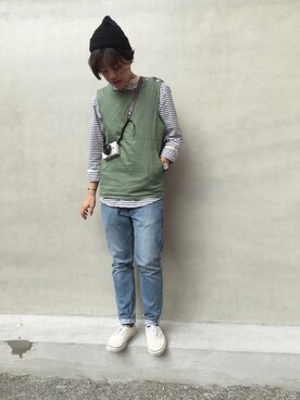 「plain-me（プレインミー）のアイテム（ベスト）」を使った、YiTienTsengさん（メンズ・160cm）の秋コーディネート