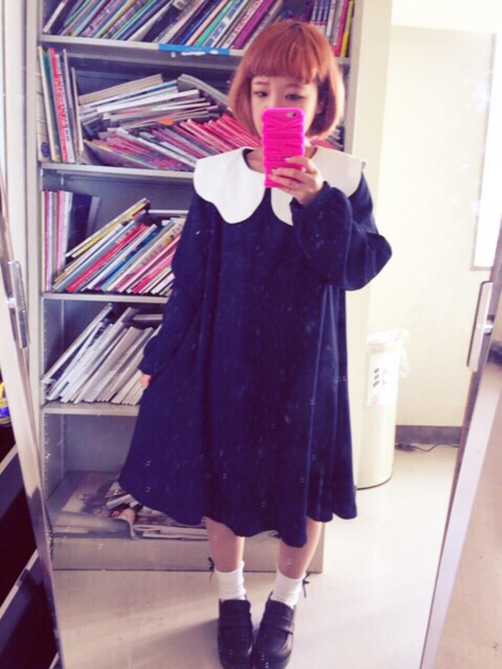 「romantic standard、ワンピース、ネイビー、ネイビー×ホワイト」｜「Romantic Standardのアイテム（ワンピース、ブルー系）」を使った、ちぃちゃんさん（レディース・141cm）の冬コーディネートの1枚目の写真