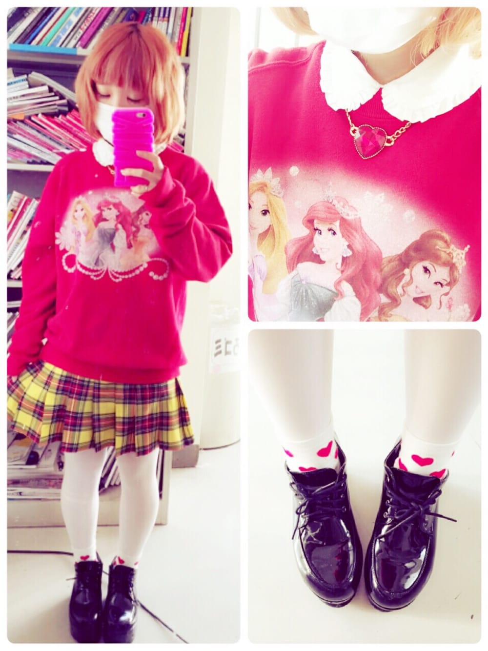 「SPINNS、BUBBLES、WEGO、スウェット、プリーツスカート、レッド、イエロー、ハート」｜「SPINNSのアイテム（スウェット、レッド系）」を使った、ちぃちゃんさん（レディース・141cm）の冬コーディネートの1枚目の写真