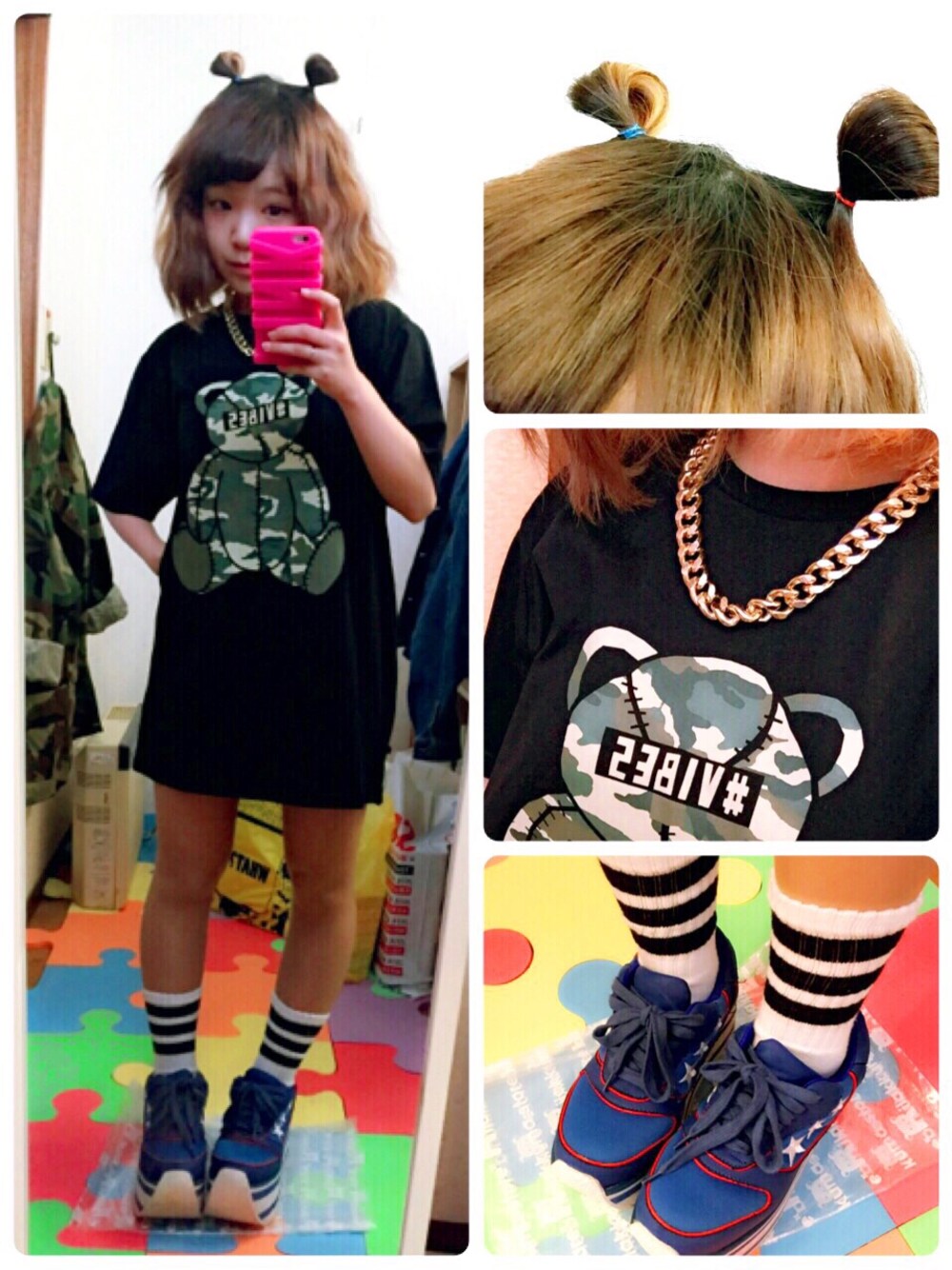 「WEGO、Tシャツ、ブラック、プリントT、ラインソックス、厚底シューズ」｜「WEGOのアイテム（Tシャツ/カットソー、ブラック系）」を使った、ちぃちゃんさん（レディース・141cm）の春コーディネートの1枚目の写真