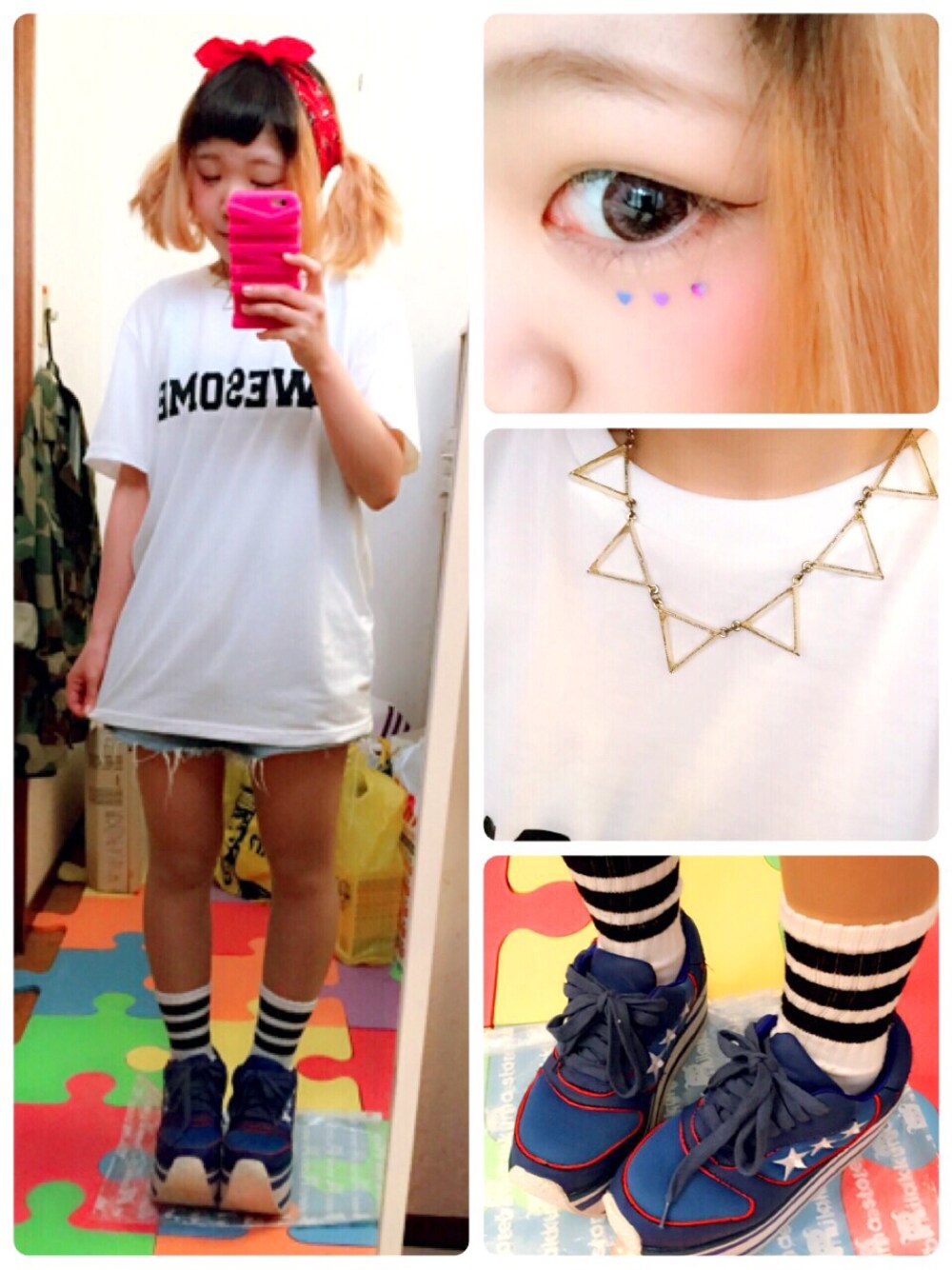 「オーバーサイズ、WEGO、Tシャツ、デニム、古着MIX、ショートパンツ」｜「WEGOのアイテム（Tシャツ/カットソー、ホワイト系）」を使った、ちぃちゃんさん（レディース・141cm）の春コーディネートの1枚目の写真