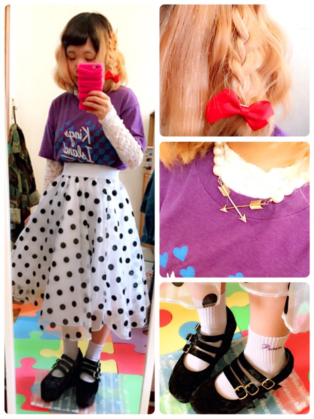 「古着MIX、SPINNS、Tシャツ、スカート、レース、厚底シューズ、パープル、ホワイト」｜「SPINNSのアイテム（Tシャツ/カットソー、パープル系）」を使った、ちぃちゃんさん（レディース・141cm）の春コーディネートの1枚目の写真