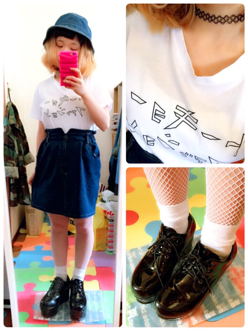 「チョーカー、SPINNS、WEGO、ホワイト、デニム、Tシャツ、バケットハット」｜「SPINNSのアイテム（Tシャツ/カットソー、ホワイト系）」を使った、ちぃちゃんさん（レディース・141cm）の春コーディネートの1枚目の写真