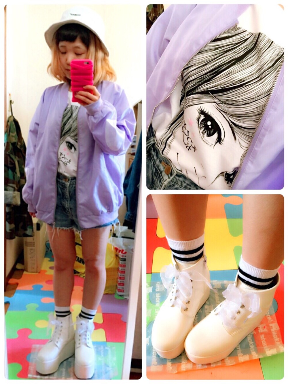 「お気に入りのTシャツ、x-girl、Tシャツ、ホワイト、パープル、SPINNS」｜「X-girlのアイテム（Tシャツ/カットソー、ホワイト系）」を使った、ちぃちゃんさん（レディース・141cm）の春コーディネートの1枚目の写真