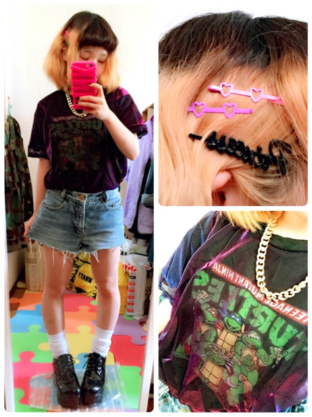 「WEGO、Tシャツ、重ね着、キャラT」｜「WEGOのアイテム（Tシャツ/カットソー、ブラック系）」を使った、ちぃちゃんさん（レディース・141cm）の春コーディネートの1枚目の写真