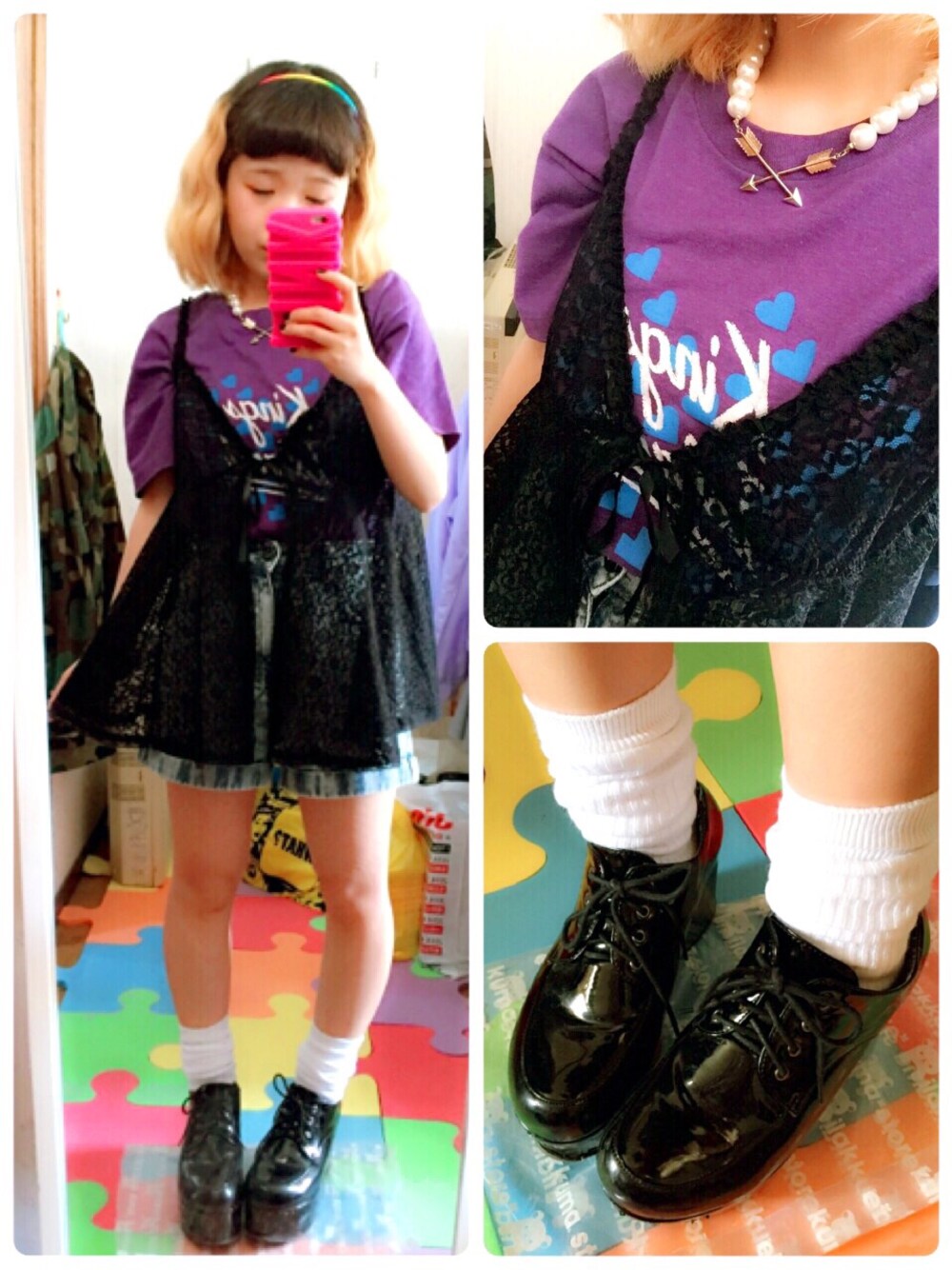 「Tシャツ、古着MIX、デニム、パープル、ブラック」｜「jouetieのアイテム（キャミソール、ブラック系）」を使った、ちぃちゃんさん（レディース・141cm）の夏コーディネートの1枚目の写真