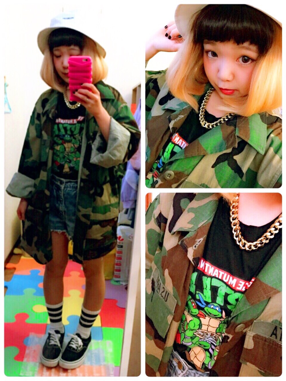 「カモフラ、ペアルック、グリーン、VANSのスニーカー、古着MIX」｜「SPINNSのアイテム（ミリタリージャケット、グリーン系）」を使った、ちぃちゃんさん（レディース・141cm）の夏コーディネートの1枚目の写真