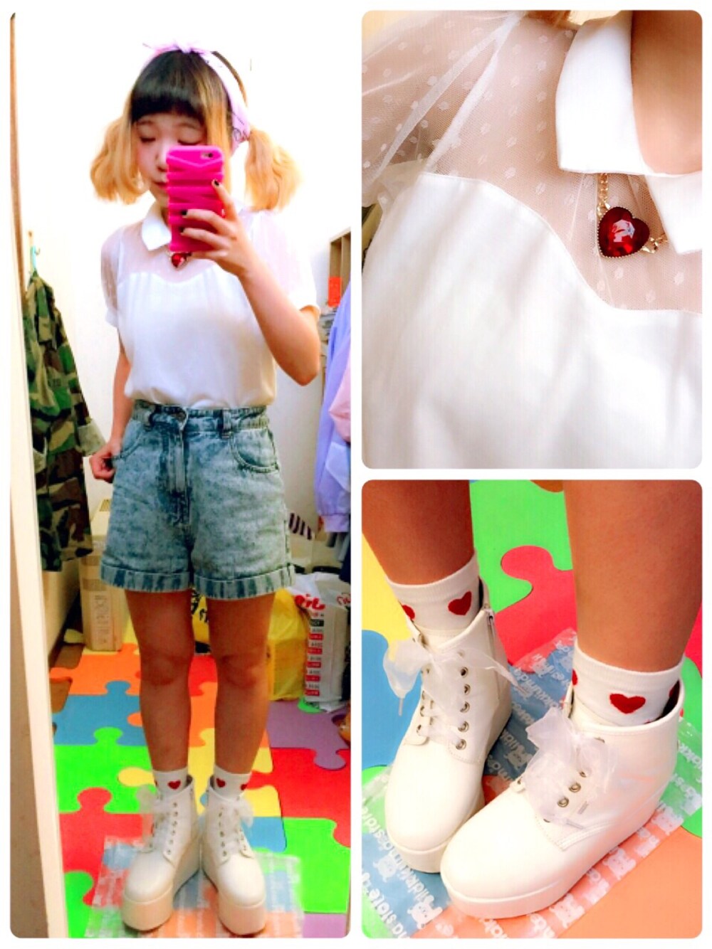「WEGO、ホワイト、デニムパンツ、デニム、ガーリー、カジュアル、ハート」｜「WEGOのアイテム（Tシャツ/カットソー、ホワイト系）」を使った、ちぃちゃんさん（レディース・141cm）の夏コーディネートの1枚目の写真