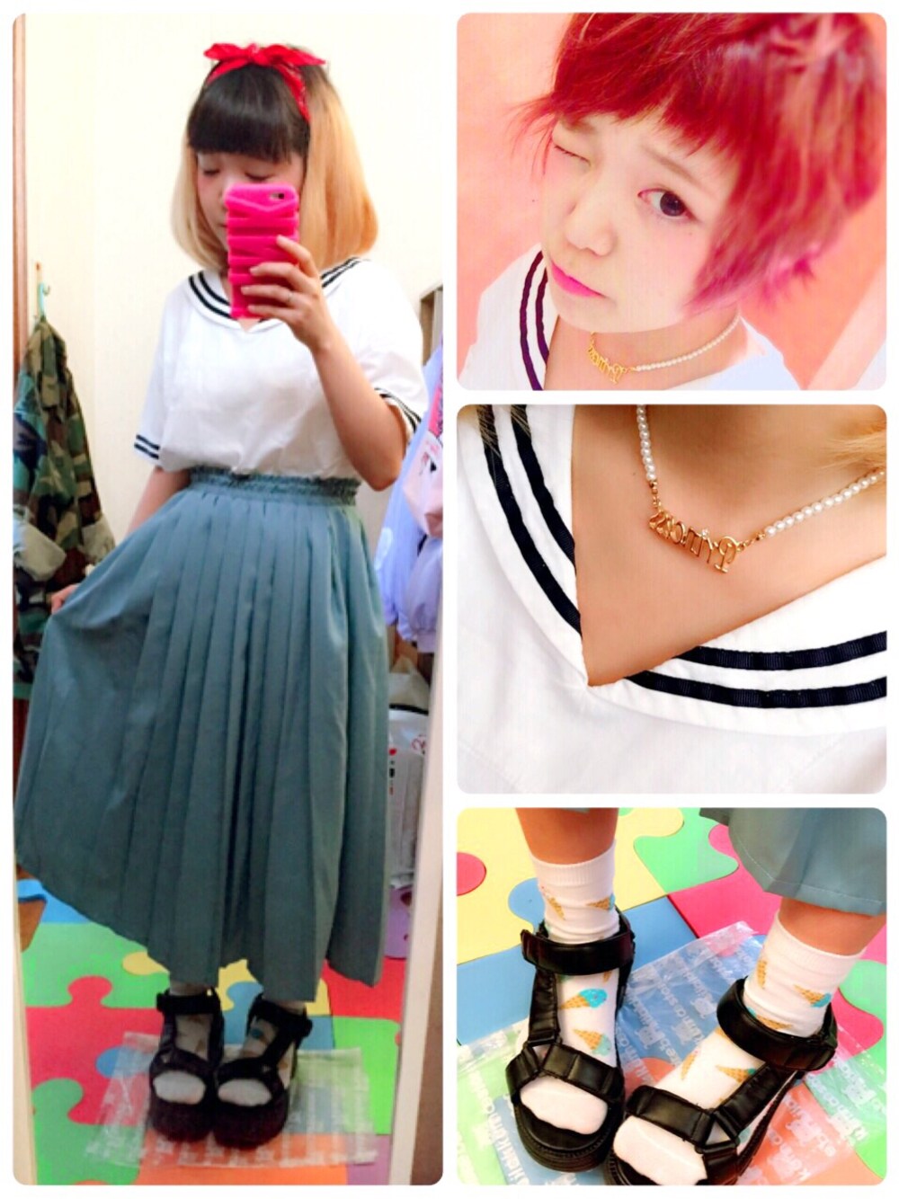 「セーラーカラー、WEGO、ホワイト、パステルカラー、スポーツサンダル」｜「WEGOのアイテム（Tシャツ/カットソー、ホワイト系）」を使った、ちぃちゃんさん（レディース・141cm）の夏コーディネートの1枚目の写真