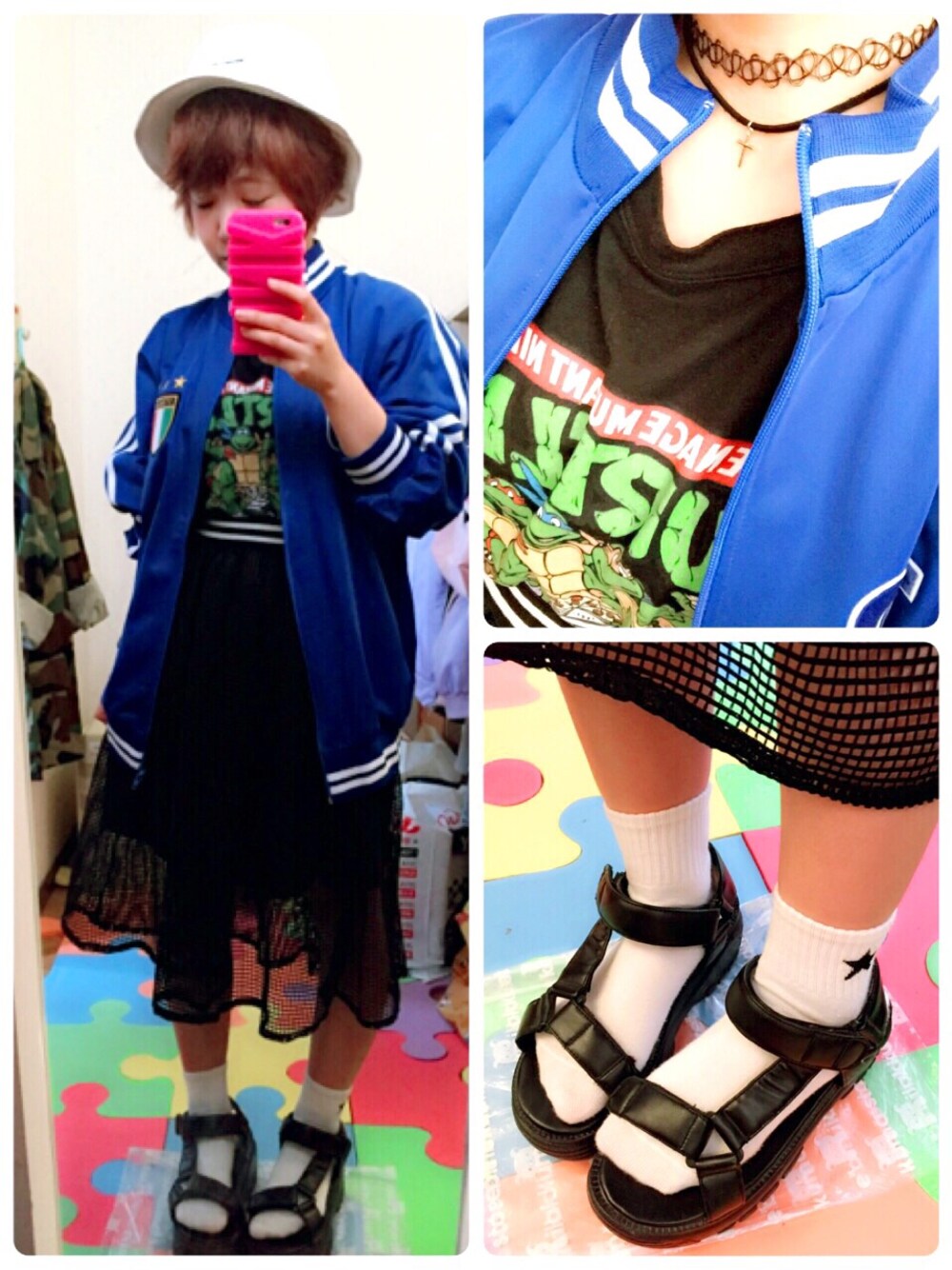 「WEGO、古着MIX、KINJI、ジャージ、ブルー、ブラック」｜「KINJIのアイテム（その他アウター、ブルー系）」を使った、ちぃちゃんさん（レディース・141cm）の夏コーディネートの1枚目の写真