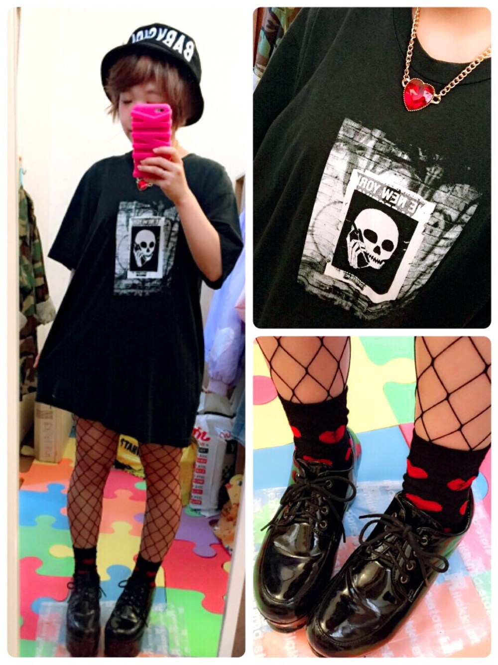 「WEGO、Tシャツ、ブラック、古着MIX、ロック」｜「3びきの子ねこのアイテム（Tシャツ/カットソー、ブラック系）」を使った、ちぃちゃんさん（レディース・141cm）の夏コーディネートの1枚目の写真
