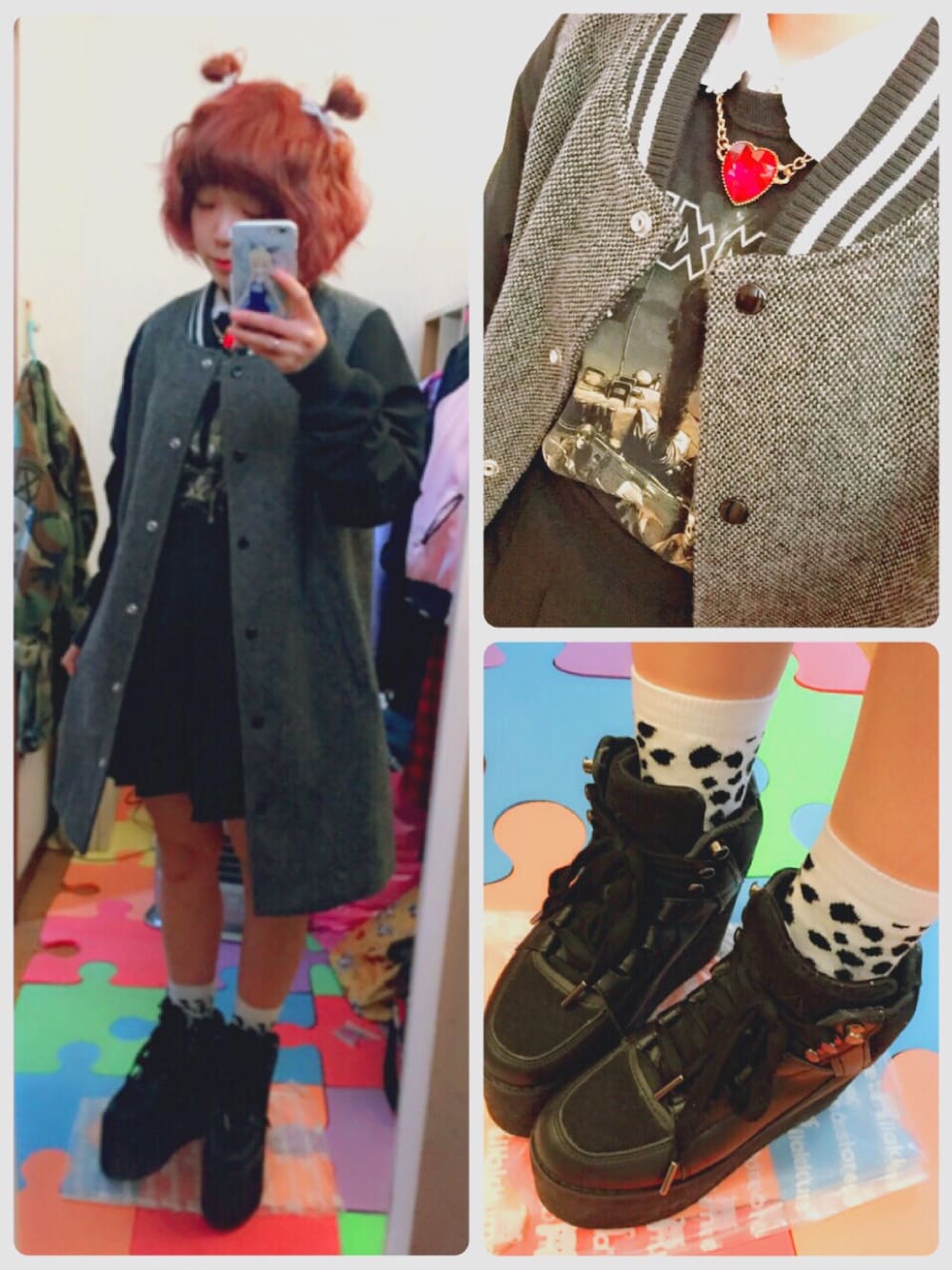 「カジュアル、秋のコーデ、スタジャン、ブラック、オールブラック、プリーツスカート」｜「WEGOのWEGO/ロングスタジャン（スタジャン、グレー系）」を使った、ちぃちゃんさん（レディース・141cm）の秋コーディネートの1枚目の写真