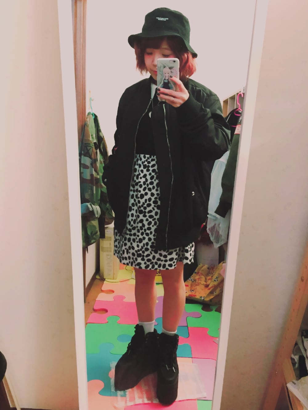 「WEGO、MA-1、ブラック、ootd、秋のコーデ、ダルメシアン柄、アニマル」｜「WEGOのアイテム（ニット/セーター、ブラック系）」を使った、ちぃちゃんさん（レディース・141cm）の秋コーディネートの1枚目の写真