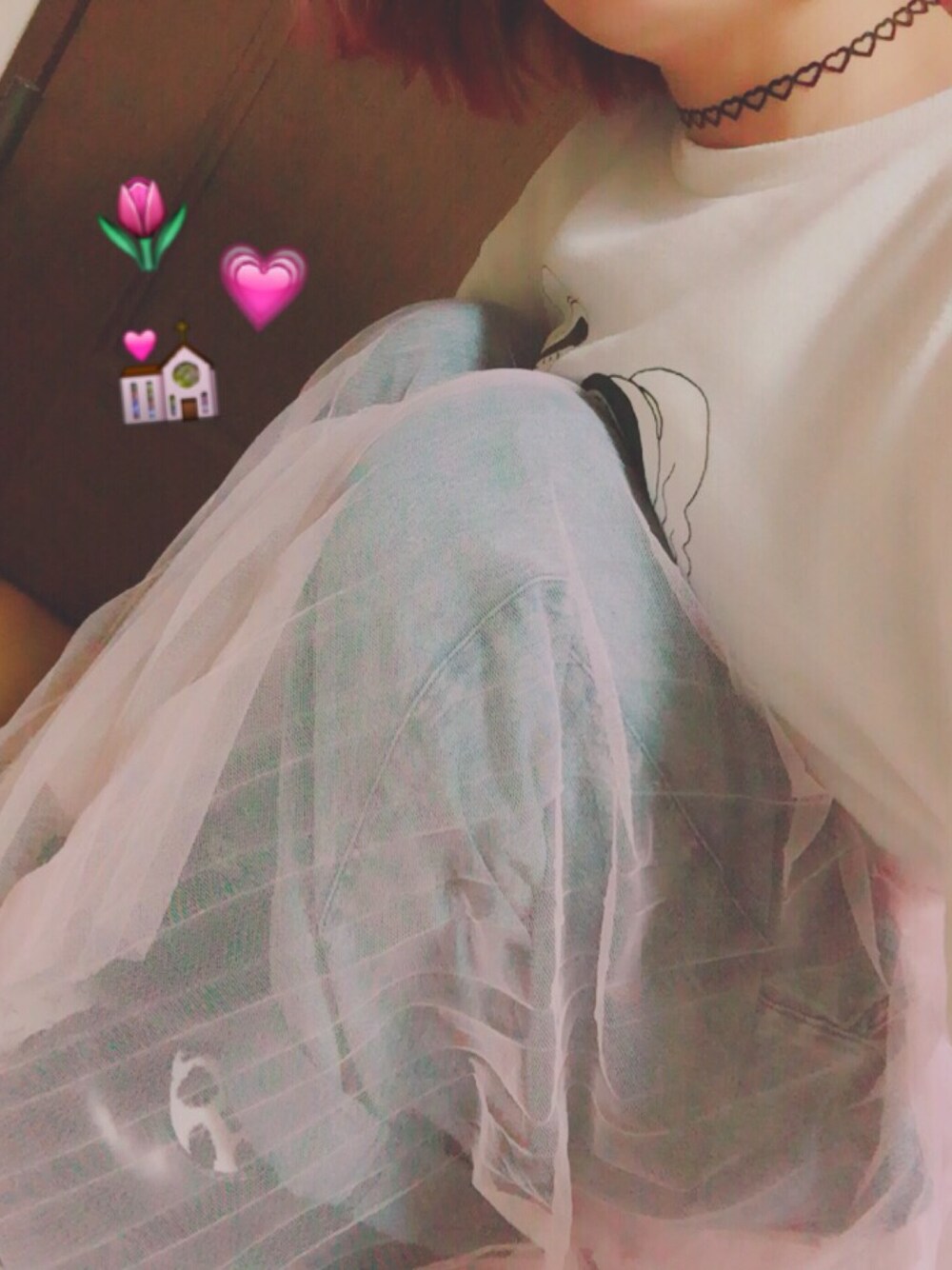 「ootd、春コーデ、ピンク、チュールスカート、デニム、デニムパンツ、used」｜「WEGOのアイテム（スカート、ピンク系）」を使った、ちぃちゃんさん（レディース・141cm）の春コーディネートの1枚目の写真