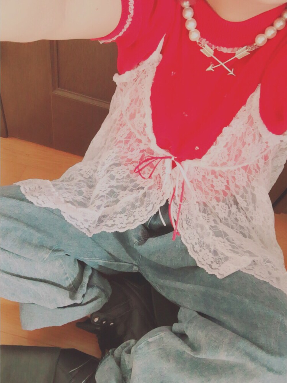 「ootd、swankiss、赤、レース、パンツスタイル、used mix」｜「Swankissのアイテム（ニット/セーター、レッド系）」を使った、ちぃちゃんさん（レディース・141cm）の夏コーディネートの1枚目の写真